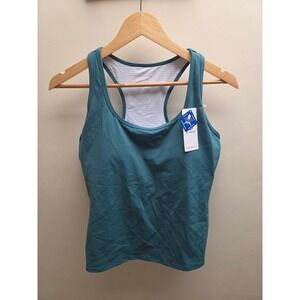 ATTRaco Womens Teal Racerback Athletic Tank Top Built-In Bra Mesh Back Large NWT